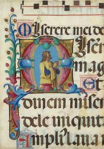Enluminure de manuscrit avec David en prière dans une initiale M, d