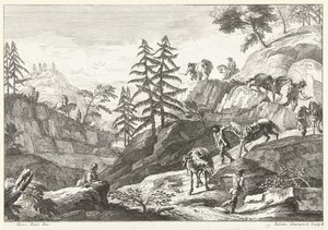 Paysage de montagne avec cavaliers menant des chevaux en descente sur un chemin (Italiaanse landschappen)