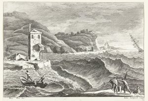 Paysage côtier avec tempête en mer et phare