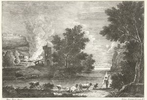 Paysage au clair de lune avec incendie (série: Paysages italiens) - Giuliano Giampiccoli