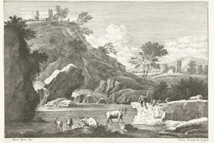 Paysage avec deux bergers et du bétail près de l