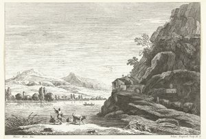 Paysage fluvial avec maison contre un rocher (Italiaanse landschappen) - Giuliano Giampiccoli
