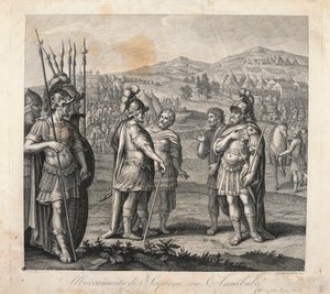 Rencontre entre Hannibal et Scipion pendant les guerres puniques (gravure)