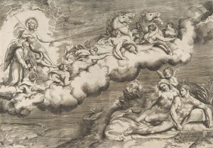 Allégorie du soleil levant, un homme nu portant un linceul et accompagné du Père Temps..., 1531-76 - Giulio Bonasone