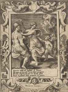 Athéna assise près de Junon qui a pris les flèches de Cupidon