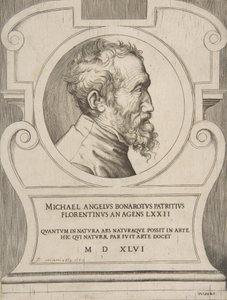 Portrait en buste de Michel-Ange tourné vers la droite, dans un cartouche - Giulio Bonasone