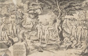 Cupidon dans les Champs Élysées attaché à un arbre au centre, entouré de nombreuses figures, 1563
