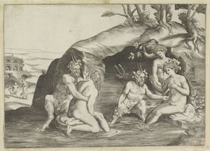 Trois nymphes et deux satyres se baignant
