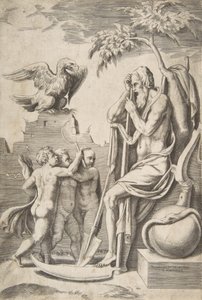Le Temps à droite appuyé sur une faux, trois garçons nus et un aigle à gauche, 1531-76