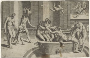 Hommes et femmes dans une grande baignoire