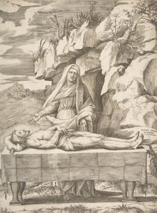 Pietà, Christ étendu sur une table dans un paysage, la Vierge debout derrière bras ouverts, 1531-76 - Giulio Bonasone