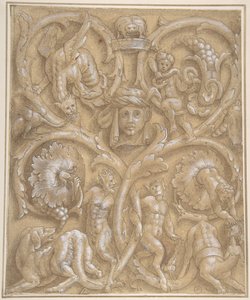 Conception pour un panneau ornemental avec rinceaux, satyres, putti, monstres et une tête humaine, 1535-45 - Giulio Campi.