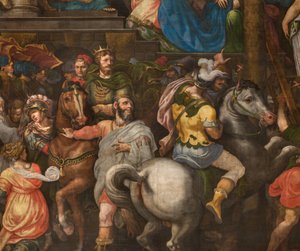 Mur en face de la contre-façade du transept sud, Giuseppe Campi, Triomphe de Mardochée 1567, (détail de la partie inférieure)