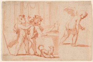 Deux putti portant un troisième putto; un autre putto de dos