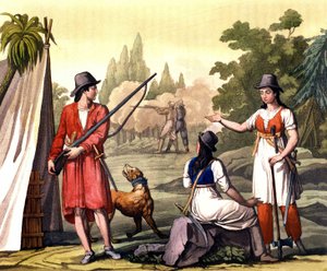Boucanier et femmes flibustières : le pirate Jack Rackham dit le Rouge ou John Rackham, mieux connu sous le nom de Calico Jack (? -1720) représenté avec Anne Bonny (Bonney) et Mary (Marc) Read aux Antilles. Planche tirée de « Le costume ancien et moderne » - Giulio Ferrario