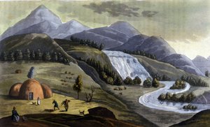 Paysage de Laponie (territoires appartenant à la Norvège, la Suède, la Finlande et la Russie), habitations des indigènes (Sami) dans « Le costume ancien et moderne » par Ferrario, éd. Milan - Giulio Ferrario
