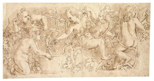 Putti cueillant des raisins : Dessin pour une frise - Giulio Romano