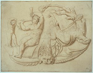 Satyre avec deux cornemuses, Putto et femme buvant de l
