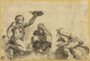 Le temps assis sur des nuages, flanqué de deux autres anges