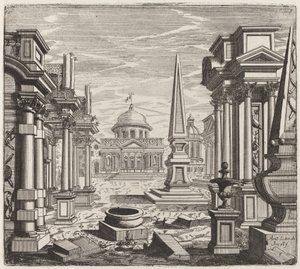 Fantaisie architecturale avec obélisques, ruines et une piazza - Giuseppe Antonio Landi