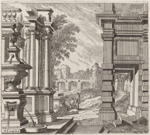 Fantaisie Architecturale avec une Fontaine, des Ruines Classiques et un Pont