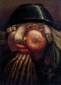 Portrait avec légumes (Le Maraîcher). Parmi les légumes et fruits représentés : noix, radis, champignon, ail, châtaigne, oignon, salade, noisette et navet. Peinture de Giuseppe Arcimboldo (1527-1593) Crémone, Pinacoteca Comunale - Giuseppe Arcimboldo