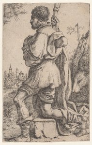 Saint Roch, agenouillé sur une pierre, vu de côté avec son chien derrière lui
