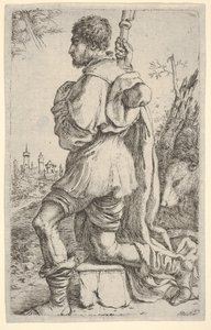 Saint Roch, agenouillé sur une pierre, vu de côté avec son chien derrière lui et une ville, 1620-30