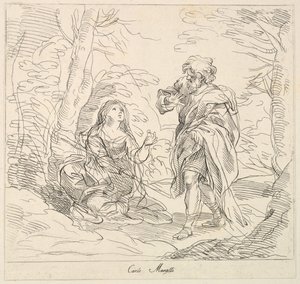 Femme assise et homme barbu dans un paysage
