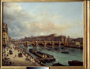 La cité et le Pont Neuf vus du Quai du Louvre. Au premier plan, un bateau-lavoir et la grande activité des quais de la Seine. Peinture de Giuseppe Canella (1788-1847). 1832. Paris, Musée Carnavalet - Giuseppe Canella