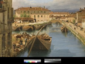 Vue du canal Naviglio depuis le pont San Marco à Milan, 1834