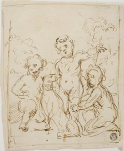 Trois putti et un chien dans un paysage - Giuseppe Diamantini
