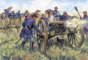 Guerre civile américaine : Soldats du Nord (Union) utilisant un fusil pendant une bataille - Illustration de Giuseppe Rava