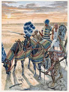 Antiquité égyptienne : représentation du pharaon Ramsès II (1304-1213 av. J.-C.) avec son armée
