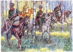 Premier Empire : Chasseurs à cheval de la Grande Armée de Napoléon I en patrouille - Illustration de Giuseppe Rava