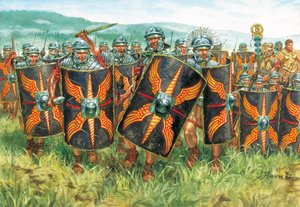 Antiquité romaine (empire) : un groupe de légionnaires romains - Illustration de Giuseppe Rava