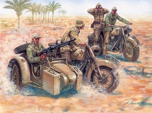 Seconde Guerre mondiale : le Deutsches Afrikakorps (DAK Afrika Korps) roulant dans le désert libyen en sidecars BMW