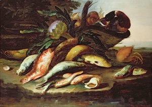 Nature morte avec poissons morts et gibier