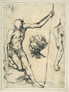 Études de figures : homme tenant un poteau, tête d