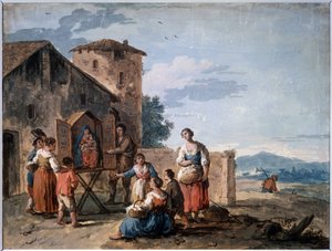 Un groupe de paysans devant un autel avec une statue de la Vierge - Giuseppe Zais