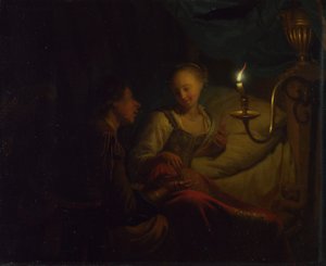 Scène à la chandelle. Un homme offrant une chaîne en or et des pièces à une fille assise sur un lit, vers 1665-1667