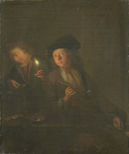 Le fumeur (un homme avec une pipe et un homme versant une boisson dans un verre) - Godfried Schalcken (attributed to)