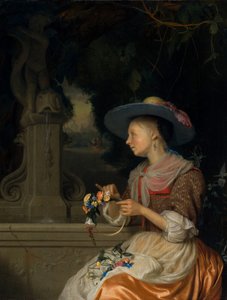 Femme tressant une couronne de fleurs, vers 1675-1680 - Godfried Schalcken