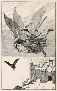 Le compagnon de voyage volait derrière elle, des Contes de fées de Hans Anderson, pub 1919 - Gordon Browne