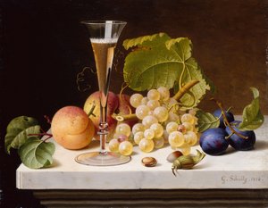 Raisins, pêches, prunes, noix et un verre de champagne sur une corniche en marbre - Gottfried Schultz