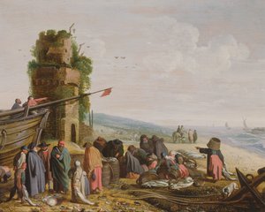 Pêcheurs sur la plage avec leur prise - Govaert Jansz