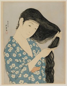 Femme se peignant les cheveux, époque Taisho, mars 1920