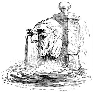 Fontaine avec le fronton de tête humaine : les lunettes de l