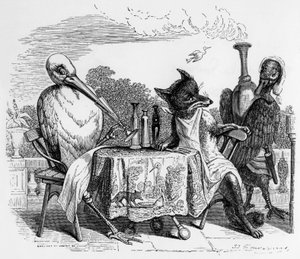 Fable de La Fontaine (par Jean de La Fontaine) : le Renard et la Cigogne, gravure par J.J. Grandville, c. 1838-40