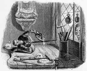 La fable de La Fontaine (par Jean de La Fontaine) : le serpent et la lime, gravure de J.J. Grandville, c. 1838-40